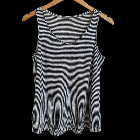 Eileen Fisher size XS 100% Organic Linen Navy Striped Tank Top Shirt Lagenlook - Picture 1 of 4